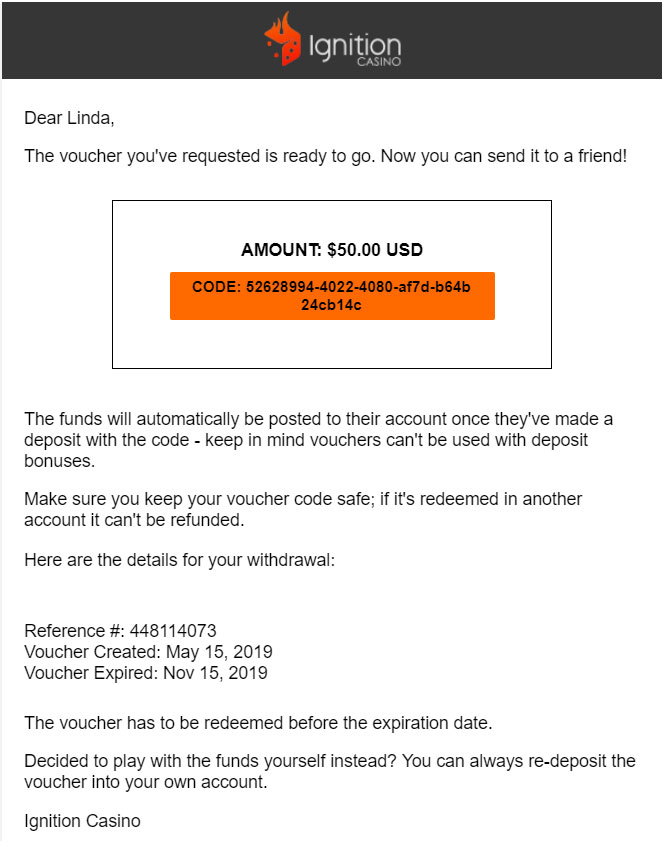 Email confirmation sent to players about their Voucher Withdrawal containing the Voucher code